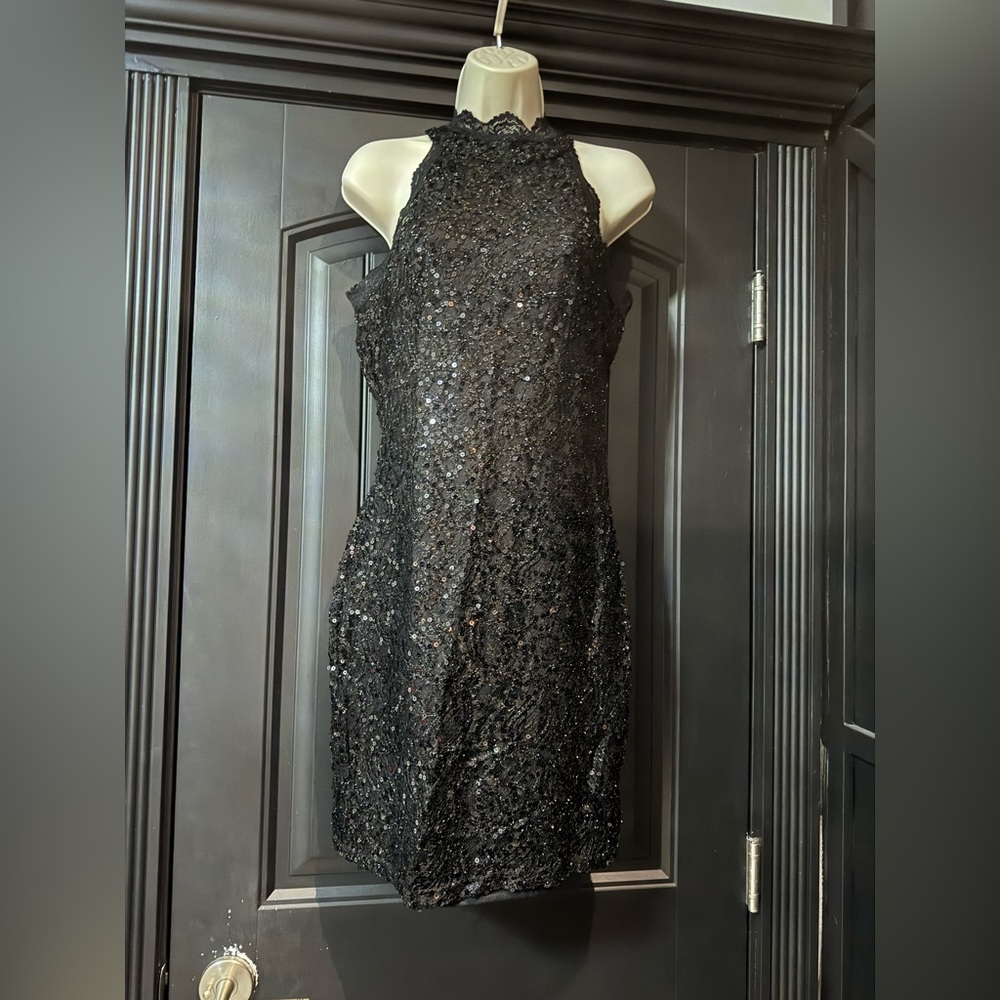 NWT Black Lace & Sequins Mock Neck Mini Dress